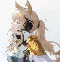 Rule 34 | 1girl, animal ear fluff, animal ears, arknights, armor, blonde hair, closed eyes, from side, highres, horse ears, implied extra ears, lips, long hair, nearl (arknights), nearl the radiant knight (arknights), official alternate costume, parted lips, pauldrons, ponytail, portrait, profile, qianzhu, shirt, shoulder armor, simple background, single pauldron, solo, white background, white shirt