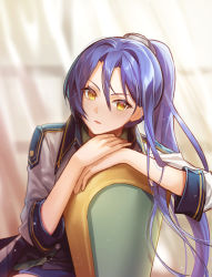 Rule 34 | 1girl, arm rest, blue hair, blurry, bokeh, chair, chibi vanille, coat, commentary, curtains, depth of field, eiyuu densetsu, expressionless, falcom, hair between eyes, highres, laura s. arseid, light particles, long hair, looking at viewer, open clothes, open coat, parted lips, ponytail, sen no kiseki, sen no kiseki iii, sitting, solo, sunlight, upper body, white coat, yellow eyes