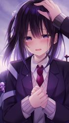Rule 34 | 1girl, absurdres, bag, beige sweater, black jacket, blush, bow, commentary, hair between eyes, hair bow, hand on another&#039;s head, highres, huge filesize, jacket, kuro namako, long hair, long sleeves, looking at viewer, necktie, open mouth, original, outdoors, own hands together, pov, purple eyes, purple hair, red neckwear, ren (iron saga), school bag, shirt, side ponytail, tears, uniform, white bow, white shirt