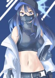 Rule 34 | 1girl, bare shoulders, baseball cap, black gloves, black hat, black shirt, blue archive, blue background, blue eyes, blue hair, breasts, coat, commentary, cosmos (rea1ityc0sm0s), crop top, gloves, hat, highres, large breasts, long hair, looking at viewer, mask, midriff, mouth mask, navel, off shoulder, open clothes, open coat, saori (blue archive), shirt, simple background, sleeveless, sleeveless shirt, solo, stomach, upper body, very long hair, white coat