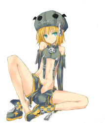 Rule 34 | 1girl, bare shoulders, barefoot, blonde hair, detached sleeves, flat chest, graphite (medium), green eyes, halloween, hat, mixed media, nabeshima tetsuhiro, open clothes, open shorts, original, pointy ears, short hair, shorts, single shoe, sitting, solo, traditional media, zipper