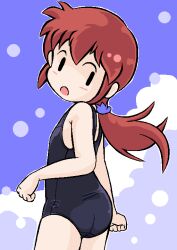 Rule 34 | 13th coffin, 1girl, black one-piece swimsuit, blush stickers, cloud, flat chest, from behind, jaggy lines, looking back, low ponytail, oekaki, one-piece swimsuit, open mouth, original, ponytail, red hair, sidelocks, solo, swimsuit