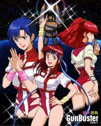 Rule 34 | 3girls, amano kazumi, arm up, ass, blue eyes, blue hair, blue headband, brown eyes, commentary request, cowboy shot, crop top, cropped legs, earrings, earth (planet), green eyes, gunbuster, gunbuster pose, headband, highres, index finger raised, jewelry, jung freud, kei-co, leotard, long hair, mecha, multiple girls, nail polish, pink leotard, planet, ponytail, profile, red hair, red leotard, red nails, retro artstyle, ring, robot, short hair, short sleeves, space, sparkle, super robot, takaya noriko, top wo nerae!, wristband