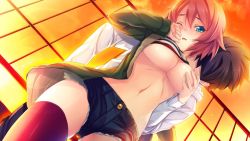 Rule 34 | 1girl, black hair, blue eyes, blush, grabbing another&#039;s breast, breasts, clothes lift, cloud, evening, game cg, grabbing, innocent bullet, jacket, kiss, large breasts, legs, looking down, navel, no bra, oosaki shin&#039;ya, open mouth, red hair, shirt lift, short hair, short shorts, shorts, sky, standing, thighs, wince