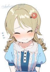 Rule 34 | 1girl, arms behind back, blue dress, blush, breasts, buttons, check commentary, closed eyes, closed mouth, collar, collarbone, commentary request, dress, drill hair, earrings, flower, flying sweatdrops, frilled dress, frills, hair flower, hair ornament, hairclip, highres, idolmaster, idolmaster cinderella girls, jewelry, lace-trimmed collar, lace trim, light brown hair, medium hair, morikubo nono, nervous, puffy short sleeves, puffy sleeves, shisui (5830217), short sleeves, small breasts, solo, upper body, white collar