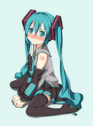 Rule 34 | aqua eyes, aqua hair, blush, detached sleeves, dinyc, frown, hair ornament, hatsune miku, headset, highres, kneeling, long hair, looking up, necktie, pleated skirt, sailor collar, simple background, sitting, skirt, solo, tattoo, thighhighs, twintails, very long hair, vocaloid, wariza, zettai ryouiki
