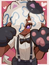 Rule 34 | 1girl, absurdres, alternate hair color, animal ears, animal hands, black bow, black bowtie, blush, bow, bowtie, cat ears, cephalopod eyes, collared shirt, commentary request, dark-skinned female, dark skin, gloves, hair over one eye, heart, highres, looking at viewer, manma 628, multicolored hair, nintendo, octoling, paw gloves, pink background, purple eyes, shirt, shirt tucked in, smile, solo, splatoon (series), splatoon 3, suspenders, tao blu, tentacle hair, upper body, white shirt