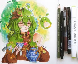 Rule 34 | 1girl, ^ ^, art tools in frame, black shirt, blush, capelet, closed eyes, collei (genshin impact), colored pencil (medium), cup, food, genshin impact, green capelet, green hair, holding, holding cup, holding food, ink (medium), licking lips, marker (medium), medium hair, philiera, photo (medium), russian commentary, shirt, smile, solo, teacup, teapot, tongue, tongue out, traditional media