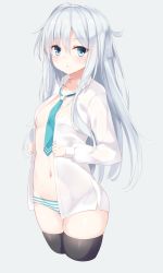 Rule 34 | 10s, 1girl, :&lt;, absurdres, bad id, bad pixiv id, black thighhighs, blush, breasts, center opening, collarbone, cowboy shot, cropped legs, dress shirt, grey eyes, groin, hair between eyes, hibiki (kancolle), highres, kantai collection, long hair, long sleeves, looking at viewer, loose necktie, navel, necktie, no bra, no pants, open clothes, open shirt, panties, shirt, silver hair, simple background, small breasts, solo, striped clothes, striped panties, sweat, takehana note, thighhighs, thighs, underwear, very long hair