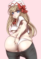 Rule 34 | 1girl, ass, black pants, blonde hair, blue eyes, bow, breasts, capelet, clothes pull, from behind, haseru (ginku mh), large breasts, lily white, long hair, looking at viewer, looking back, open mouth, panties, pants, pants pull, pink background, red bow, simple background, solo, touhou, underboob, underwear, white capelet, white headwear, white panties