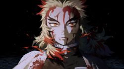 Rule 34 | 1boy, black background, blonde hair, blood, blood on clothes, blood on face, closed mouth, cuts, fire, forked eyebrows, highres, injury, japanese clothes, kimetsu no yaiba, looking at viewer, male focus, multicolored eyes, multicolored hair, otayumaru, red hair, rengoku kyoujurou, scar, scar on face, scar on forehead, simple background, solo, two-tone hair