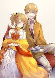 Rule 34 | 1boy, 1girl, aku no meshitsukai (vocaloid), aku no musume (vocaloid), allen avadonia, ascot, blonde hair, blue eyes, bow, brioche, brooch, brother and sister, choker, closed eyes, closed mouth, cup, dress, dress bow, earrings, evillious nendaiki, frilled choker, frills, hair bow, half-closed eyes, highres, jacket, jewelry, kagamine len, kagamine rin, leaning on person, orange bow, pale skin, pants, parted lips, revision, riliane lucifen d&#039;autriche, short ponytail, siblings, sidelocks, sitting, sleeping, sleeping on person, smile, swept bangs, tea, teacup, teapot, tomari drew, twins, twitter username, vocaloid, white pants, wide sleeves, yellow bow, yellow choker, yellow dress, yellow jacket