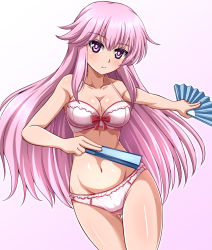 Rule 34 | 1girl, bow, bow bra, bra, breasts, cleavage, closed mouth, commentary, cowboy shot, crotch seam, folding fan, gluteal fold, gradient background, hand fan, hata no kokoro, holding, leaning to the side, light frown, long hair, looking at viewer, medium breasts, navel, panties, pink background, pink bra, pink eyes, pink hair, pink panties, solo, standing, touhou, underwear, underwear only, zanntetu
