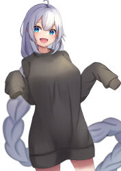 Rule 34 | 1girl, absurdly long hair, absurdres, ahoge, black shirt, blue eyes, braid, braided ponytail, breasts, cowboy shot, grey hair, hair between eyes, hands up, head tilt, highres, kizuna akari, large breasts, long hair, long sleeves, looking at viewer, nise no tsubo, open mouth, oversized clothes, oversized shirt, shirt, simple background, sleeves past fingers, sleeves past wrists, smile, solo, tareme, very long hair, voiceroid, white background