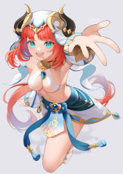 Rule 34 | 1girl, :d, absurdres, aqua eyes, armpits, blue skirt, breasts, brooch, circlet, detached sleeves, genshin impact, gladiator sandals, gold footwear, green eyes, grey background, hahany, harem outfit, highres, horns, jewelry, long hair, long sleeves, looking at viewer, medium breasts, navel, neck ring, nilou (genshin impact), open mouth, outstretched hand, puffy long sleeves, puffy sleeves, red hair, sandals, signature, simple background, skirt, smile, solo, thighs, twintails, veil
