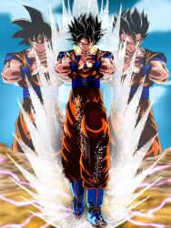 Rule 34 | 2boys, absurdres, aura, black eyes, black hair, dragon ball, earrings, energy, father and son, fusion, highres, jewelry, lightning, looking at viewer, multiple boys, muscular, muscular male, potara earrings, potara fusion, potential unleashed, serious, son gohan, son goku, spiked hair, tagme, ultimate gohan