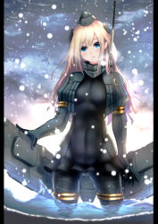 Rule 34 | 10s, 1girl, big.g, blue eyes, brown hair, cowboy shot, gradient background, head tilt, headgear, highres, in water, kantai collection, long hair, looking at viewer, machinery, parted lips, skin tight, snowing, solo, standing, u-511 (kancolle), wading