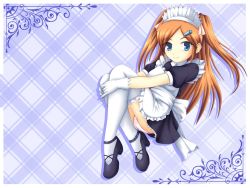 Rule 34 | 1girl, apron, ass, black dress, blue eyes, brown hair, dress, female focus, full body, gloves, hugging own legs, long hair, maid, maid apron, maid headdress, panties, pantyshot, petticoat, pink panties, shoes, sitting, solo, thighhighs, twintails, underwear, wallpaper, white thighhighs