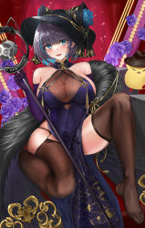 Rule 34 | 1girl, absurdres, animal ears, aqua eyes, aqua hair, azur lane, bare shoulders, black hat, breasts, brown thighhighs, capelet, cheshire (azur lane), cheshire (cait sith crooner) (azur lane), china dress, chinese clothes, cleavage, cleavage cutout, clothing cutout, dress, elbow gloves, fake animal ears, feather boa, fedora, fishnets, flower, full body, fur-trimmed capelet, fur trim, garter straps, gloves, hat, hat flower, highres, holding, holding microphone stand, huge breasts, looking at viewer, manjuu (azur lane), microphone stand, multicolored hair, official alternate costume, panties, pelvic curtain, purple dress, purple gloves, purple hair, see-through, see-through cleavage, sideboob, sleeveless, sleeveless dress, solo, speaker, streaked hair, string panties, thighhighs, two-tone hair, underwear, ytoy