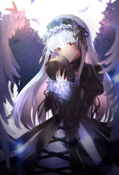 Rule 34 | 1girl, black dress, black ribbon, dress, feathered wings, floating hair, gothic lolita, hair ribbon, highres, holding, holding skull, layered sleeves, lolita fashion, long hair, long sleeves, m1yu, red eyes, ribbon, rozen maiden, silver hair, skull, solo, suigintou, very long hair, white wings, wings