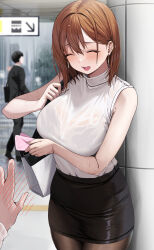 Rule 34 | 1boy, 1girl, absurdres, black pantyhose, black skirt, blush, bra visible through clothes, breasts, brown hair, closed eyes, earrings, hand blush, highres, jewelry, large breasts, mole, office lady, ol-chan (udon), open mouth, original, pantyhose, rain, see-through, shirt, skirt, sleeveless, sleeveless sweater, solo focus, sweater, udon (udonalium), wet, wet clothes, wet shirt