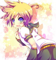 Rule 34 | 1boy, ahoge, back, bad id, bad pixiv id, belt, blonde hair, blue eyes, blush, detached sleeves, hand on own chest, kagamine len, looking at viewer, looking back, male focus, open mouth, puffy short sleeves, puffy sleeves, rarami, shirt, short sleeves, shorts, smile, solo, vocaloid, white shirt