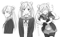 Rule 34 | 10s, 1girl, abukuma (kancolle), bad id, bad twitter id, bike shorts, double bun, closed eyes, fingerless gloves, from side, gloves, greyscale, hair rings, kantai collection, kinosuke (sositeimanoga), long hair, looking at viewer, monochrome, multiple views, open mouth, remodel (kantai collection), school uniform, serafuku, shorts, shorts under skirt, sketch, skirt, smile, tears, twintails, v arms, wavy mouth