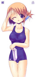 Rule 34 | 00s, 1girl, adjusting hair, blush, breasts, cowboy shot, folded ponytail, komaki manaka, long image, looking at viewer, medium breasts, mizuna (water emp-tei), one-piece swimsuit, one eye closed, orange hair, purple eyes, school swimsuit, simple background, smile, solo, swim cap, swimsuit, tall image, taut clothes, taut swimsuit, thigh gap, thighs, to heart (series), to heart 2, wet, wink