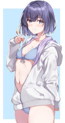 1girl absurdres bikini blue_bikini blush border breasts cleavage collarbone commentary_request front-tie_bikini_top front-tie_top gakuen_idolmaster hataya_misuzu highres hood hooded_jacket idolmaster jacket kimi_to_semi_blue_(idolmaster) long_sleeves looking_at_viewer mole mole_under_mouth navel pandoa_(mikage0495) partially_unzipped purple_hair small_breasts smile solo stomach swimsuit two-sided_fabric two-sided_jacket white_border white_jacket