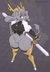 1girl animal_ears antlers armor blue_eyes body_fur bracelet breasts capelet closed_mouth curvy doodledox full_body furry furry_female gold_armor grey_fur grey_hair hand_on_own_hip highres holding holding_weapon hooves horns jackalope_girl jewelry large_breasts leg_armor looking_to_the_side pseudoregalia solo standing sybil_(pseudoregalia) tail thick_eyebrows thick_thighs thighs weapon white_capelet wide_hips