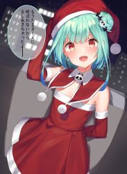 Rule 34 | 1girl, adapted costume, bare shoulders, blush, brooch, christmas, commentary, cowboy shot, double bun, dress, dutch angle, elbow gloves, embarrassed, flat chest, frown, frown (wonderland85711), furrowed brow, gloves, green hair, hair bun, hair ornament, hat, highres, hololive, jewelry, k mugura, looking at viewer, open mouth, red eyes, red gloves, santa costume, santa dress, santa hat, short dress, short hair, skull brooch, skull hair ornament, smile, solo, speech bubble, strapless, strapless dress, translation request, uruha rushia, virtual youtuber, wing collar