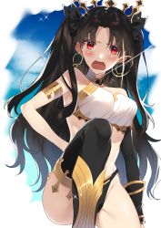 Rule 34 | 1girl, armlet, asymmetrical legwear, asymmetrical sleeves, bare shoulders, bikini, black bikini, black bow, black hair, black thighhighs, blue sky, blush, bow, breasts, detached sleeves, earrings, fate/grand order, fate (series), hair bow, highres, hoop earrings, ishtar (fate), jewelry, legs, long hair, looking at viewer, medium breasts, mismatched bikini, neck ring, open mouth, parted bangs, red eyes, satsukinapo, single detached sleeve, sky, solo, swimsuit, thighhighs, thighs, tiara, two side up, uneven legwear, uneven sleeves, white bikini