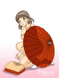 Rule 34 | 1girl, brown eyes, brown hair, chestnut mouth, chiyoda (kancolle), covering breasts, covering privates, dated, geru, gradient background, headband, kantai collection, nude, oil-paper umbrella, short hair, socks, solo, tabi, twitter username, umbrella, unworn clothes, white background, white socks
