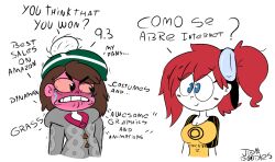 Rule 34 | 2girls, aiba ami, angry, blue eyes, creatures (company), digimon, game freak, gloria (pokemon), goggles, goggles on head, hat, highres, long hair, meme, multiple girls, nintendo, pokemon, pokemon swsh, red hair, sidetail, smile, spanish text