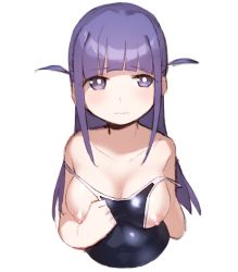 Rule 34 | 1girl, absurdres, bare shoulders, blunt bangs, blush, breasts, breasts out, bright pupils, cleavage, closed mouth, collarbone, competition school swimsuit, covered navel, cropped arms, cropped torso, goe (g-o-e), highres, large breasts, long hair, looking at viewer, nipples, purple eyes, purple hair, school swimsuit, shoujo kageki revue starlight, sidelocks, simple background, solo, strap slip, swimsuit, tsuyuzaki mahiru, two side up, upper body, wavy mouth, white background, white pupils