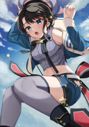 Rule 34 | 1girl, black hair, blouse, blue eyes, blue jacket, blue shorts, blue sky, cloud, day, grey hat, grey shirt, grey thighhighs, hair ornament, hat, highres, hip vent, hololive, jacket, looking at viewer, moonbell, navel, oozora subaru, oozora subaru (work), open mouth, shirt, short hair, shorts, sky, sleeveless, sleeveless shirt, solo, striped clothes, striped shirt, teeth, thighhighs, thighs, upper teeth only, vertical-striped clothes, vertical-striped shirt, virtual youtuber