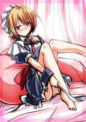 Rule 34 | 1girl, barefoot, bed, blonde hair, blue dress, blue skirt, blush, canopy bed, dress, hemogurobin a1c, maid, maid headdress, mugetsu (touhou), on bed, pillow, pointy ears, puffy sleeves, red eyes, sash, short sleeves, sitting, skirt, solo, touhou, touhou (pc-98)