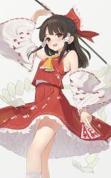 Rule 34 | 1girl, :d, absurdres, bare legs, bare shoulders, blush, breasts, brown hair, detached sleeves, from below, gohei, hakurei reimu, highres, holding, holding stick, kanpa (campagne 9), long hair, looking at viewer, open mouth, paw print, petticoat, red eyes, red skirt, red vest, simple background, skirt, skirt set, small breasts, smile, solo, stick, touhou, unfinished dream of all living ghost, vest, white background