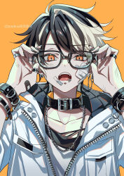 Rule 34 | 1boy, absurdres, artist name, bandaid, bandaid on face, bandaid on hand, black-framed eyewear, black collar, black hair, black nails, chain, chain necklace, collar, collarbone, earrings, glasses, hair between eyes, half-closed eye, hands up, highres, jacket, jewelry, lip piercing, looking at viewer, male focus, multicolored hair, multiple rings, nail polish, necklace, open mouth, orange background, orange eyes, original, piercing, ring, short hair, solo, suzaku (zaku6584), twitter username, two-tone hair, upper body, white hair, white jacket, wrist cuffs