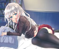 Rule 34 | 1girl, bad id, bad pixiv id, bed, black thighhighs, blue eyes, blush, long hair, looking at viewer, myg, navel, necktie, original, pillow, silver hair, sketch, skirt, smile, solo, thighhighs, tongue, tongue out