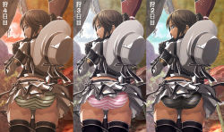 Rule 34 | 3girls, alternate color, ass, black panties, black thighhighs, blouse, boots, capcom, elbow gloves, from behind, gloves, hat, lien (armor), looking back, monster hunter, monster hunter (series), monster hunter frontier, multiple girls, panties, pantyshot, pink panties, pleated skirt, shirt, skirt, solo, standing, striped clothes, striped panties, take your pick, thigh boots, thighhighs, underwear, upskirt, v-mag, white panties, wind, wind lift