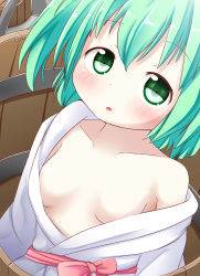 Rule 34 | 1girl, aqua hair, blush, breasts, bucket, collarbone, downblouse, female focus, green eyes, highres, in bucket, in container, japanese clothes, kimono, kisume, looking at viewer, makuran, no bra, off shoulder, open clothes, open kimono, open mouth, sash, short hair, small breasts, solo, touhou, yukata