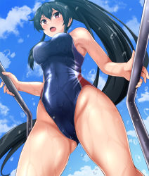 Rule 34 | 1girl, alternate costume, black hair, blue sky, blue one-piece swimsuit, breasts, cameltoe, cloud, competition swimsuit, covered navel, day, from below, high ponytail, highleg, highleg swimsuit, kantai collection, long hair, medium breasts, one-piece swimsuit, open mouth, outdoors, ponytail, red eyes, sidelocks, sky, solo, swimsuit, wet, wet clothes, wet swimsuit, yahagi (kancolle), zanntetu