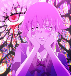 Rule 34 | 1girl, bad id, bad pixiv id, blood, bloody tears, blush, bow, eye focus, gasai yuno, hair bow, hands on own cheeks, hands on own face, mirai nikki, stained glass, yandere, yandere trance