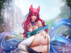 Rule 34 | 1girl, ahri (league of legends), animal ears, ass, bare shoulders, bell, blue eyes, blue tail, breasts, cleavage, facial mark, fox ears, fox tail, hair bell, hair between eyes, hair ornament, highres, korean clothes, large breasts, league of legends, long hair, looking at viewer, low neckline, multiple tails, nail polish, off shoulder, panties, parted lips, pink hair, smile, solo, spirit blossom ahri, tail, tangerine (dudu), thighhighs, underwear, vastaya, whisker markings, white panties