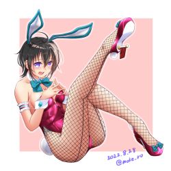 Rule 34 | 1girl, animal ears, armband, black hair, blue bow, blue bowtie, borrowed character, bow, bowtie, breasts, commentary request, commission, detached collar, fishnet pantyhose, fishnets, full body, highres, leotard, medium breasts, moke ro, original, pantyhose, pink hair, playboy bunny, purple eyes, purple footwear, purple leotard, rabbit ears, rabbit tail, rudder footwear, short hair, skeb commission, solo, steepled fingers, strapless, strapless leotard, tail, wrist cuffs