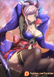 Rule 34 | 1girl, absurdres, armpits, arms up, asymmetrical hair, backlighting, black thighhighs, blurry, blurry background, blush, breasts, brown thighhighs, cleavage, closed mouth, detached sleeves, earrings, eyes visible through hair, fate/grand order, fate (series), floral print, hair ornament, highres, japanese clothes, jewelry, katana, kimono, large breasts, light purple hair, long hair, long sleeves, looking at viewer, magatama, midriff, miyamoto musashi (fate), miyamoto musashi (third ascension) (fate), navel, obi, petals, pink lips, ponytail, purple eyes, ribbon, sash, sheath, short kimono, sidelocks, sitting, smile, solo, sparkle, sword, thighhighs, torahime (roland00), weapon