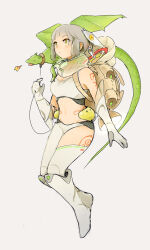 Rule 34 | 1girl, animal, animal on shoulder, backpack, bag, bare shoulders, blush, body markings, boots, breath weapon, breathing fire, commentary, crop top, detached collar, dragon, fire, floating, from side, full body, gloves, grey background, hand up, headgear, holding, holding leash, knee boots, leash, legs together, looking ahead, midriff, navel, original, science fiction, see-through, short shorts, shorts, sidelocks, simple background, single leg pantyhose, single thighhigh, sleeveless, symbol-only commentary, thighhighs, tsukudani yosuke, western dragon, white footwear, white gloves, white shorts, winged animal, yellow eyes