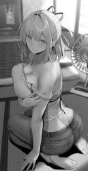 Rule 34 | 1girl, absurdres, ass, bare shoulders, barefoot, breasts, cleavage, closed mouth, commentary request, denim, electric fan, from behind, futon, gentsuki, hair ornament, hair ribbon, highres, jeans, kneeling, large breasts, looking at viewer, looking back, medium hair, monochrome, off shoulder, original, pants, ribbon, sleeveless, smile, soles, solo, thighs