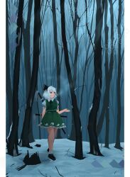 Rule 34 | 1girl, black footwear, black hairband, closed mouth, forest, full body, ghost print, green eyes, green skirt, green vest, grey hair, hairband, highres, konpaku youmu, nature, ourie, outdoors, shirt, short hair, short sleeves, skirt, snow, solo, sword, sword behind back, touhou, vest, weapon, white shirt